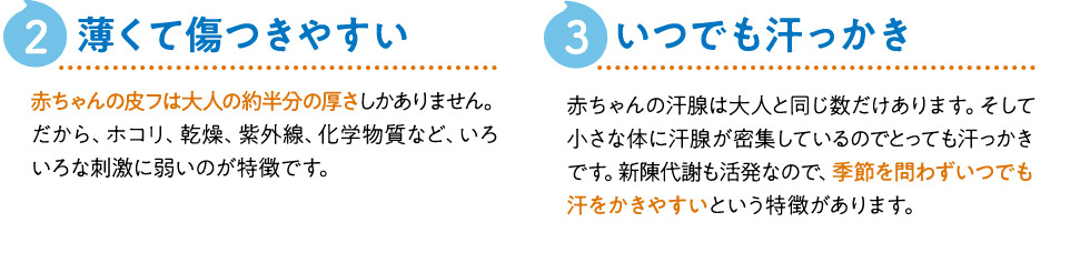 2：薄くて傷つきやすい　赤ちゃんの皮フは大人の約半分の厚さしかありません。だから、ホコリ、乾燥、紫外線、化学物質など、いろいろな刺激に弱いのが特徴です。3：いつでも汗っかき　赤ちゃんの汗腺は大人と同じ数だけあります。そして小さな体に汗腺が密集しているのでとっても汗っかきです。新陳代謝も活発なので、季節を問わずいつでも汗をかきやすいという特徴があります。