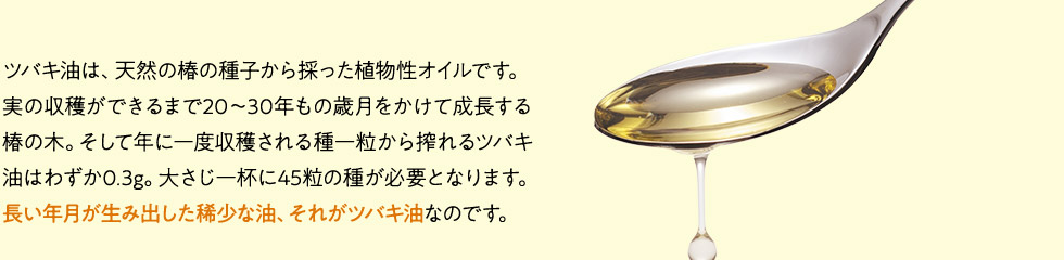 ツバキ油は、天然の椿の種子から採った植物性オイルです。実の収穫ができるまで20～30年もの歳月をかけて成長する椿の木。そして年に一度収穫される種一粒から搾れるツバキ油はわずか0.3g。大さじ一杯に45粒の種が必要となります。長い年月が生み出した稀少な油、それがツバキ油なのです。