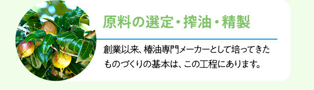 原料の選定・搾油・精製：創業以来、椿油専門メーカーとして培ってきたものづくりの基本は、この工程にあります。