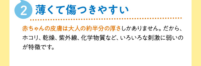 2:薄くて傷つきやすい　赤ちゃんの皮膚は大人の約半分の厚さしかありません。だから、ホコリ、乾燥、紫外線、化学物質など、いろいろな刺激に弱いのが特徴です。