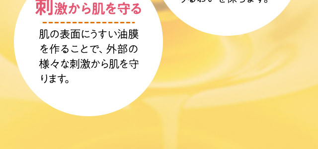 刺激から肌を守る：肌の表面にうすい油膜を作ることで、外部の様々な刺激から肌を守ります。