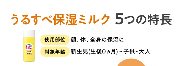 うるすべ保湿ミルク　5つの特徴 使用部位　顔、体、髪、全身の洗浄に　対象年齢新生児(生後0ヵ月)～子供・大人